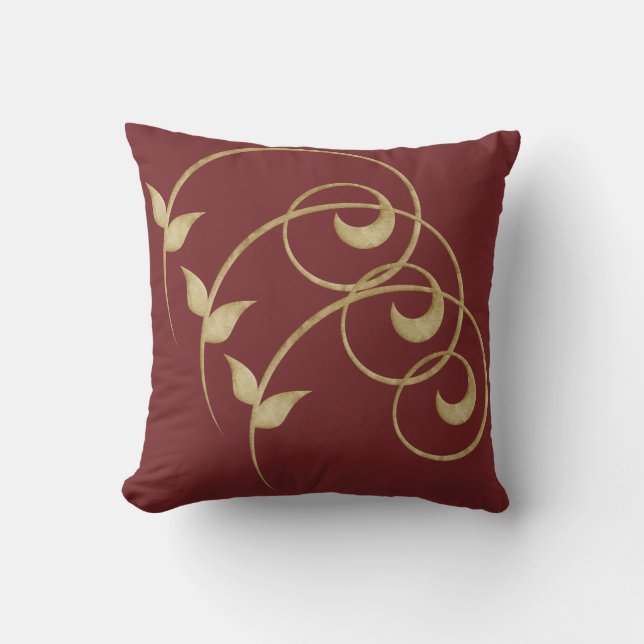 Burgundy & tan, gold, swirl, leaf, branch, vine throw pillow (Front)