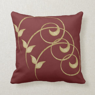 Burgundy & tan, gold, swirl, leaf, branch, vine throw pillow
