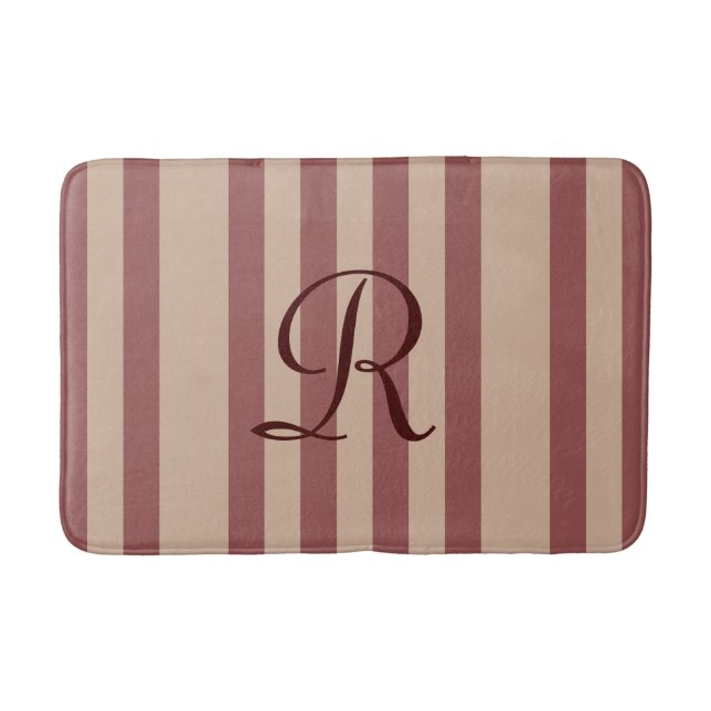 Burgundy/Tan Striped Monogrammed Plush Bath Mat (Front)