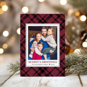 Burgundy Tartan Plaid Seasons Greetings Photo Holiday Card