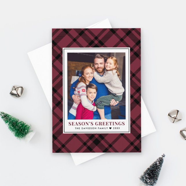 Burgundy Tartan Plaid Seasons Greetings Photo Holiday Card (Creator Uploaded)