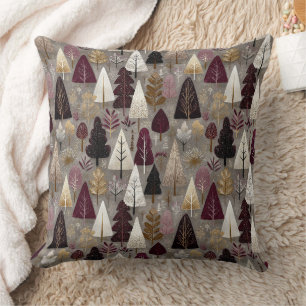 Burgundy Taupe Folk Art Winter Forest Throw Pillow