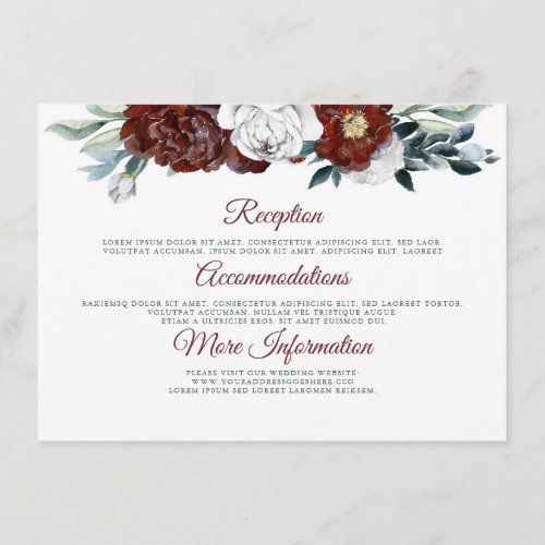 Burgundy Teal and White Wedding Information Guest Enclosure Card