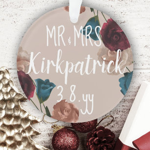 Burgundy, Teal, Beige Wedding Roses Christmas Gift Ornament