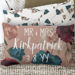 Burgundy, Teal, Beige Wedding Roses Newlywed Lumbar Pillow<br><div class="desc">This keepsake gift for the newlyweds is perfect for a botanical springtime wedding aesthetic. Surprise the bride and groom with a personized pillow to commemorate their wedding day. Versatile for burgundy,  teal,  beige,  and rose gold wedding colors.</div>