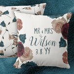 Burgundy, Teal, Beige Wedding Roses Newlywed Throw Pillow at Zazzle