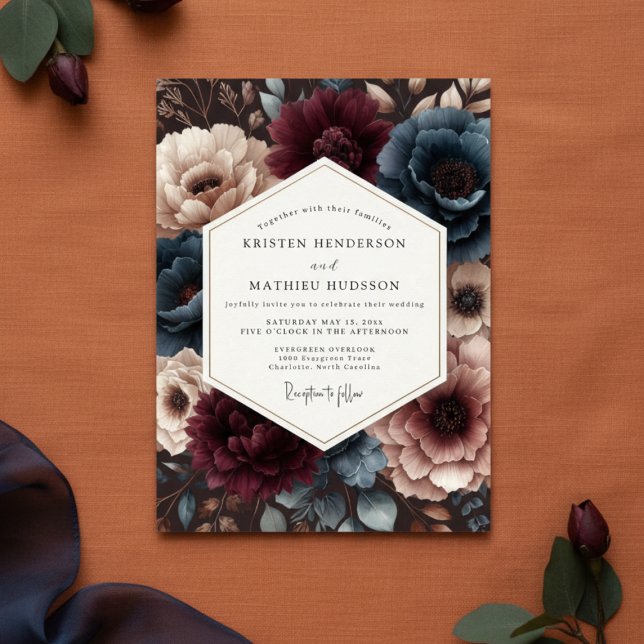 Burgundy Teal Bloom Romance Wedding Invitation (Creator Uploaded)