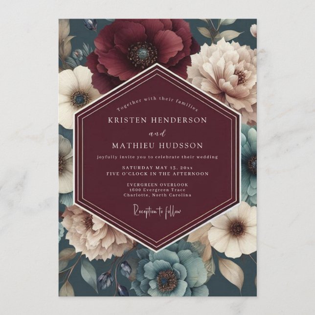 Burgundy Teal Bloom Wedding Invitation (Front)