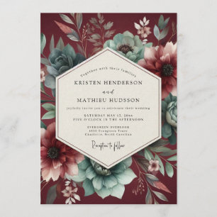 Burgundy Teal Dramatic Bloom Wedding Invitation