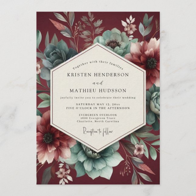 Burgundy Teal Dramatic Bloom Wedding Invitation (Front)