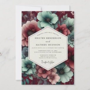 Burgundy Teal Floral Moody Wedding Invitation