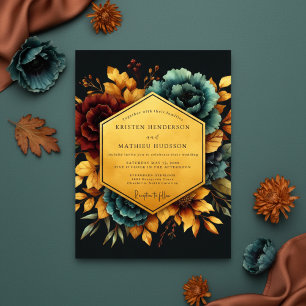 Burgundy Teal Floral Nocturne Wedding Invitation