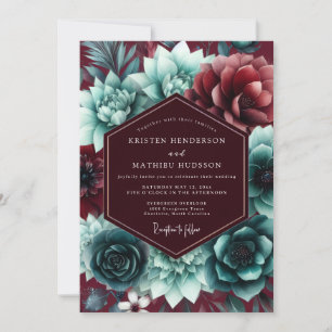 Burgundy Teal Floral Romance Wedding Invitation