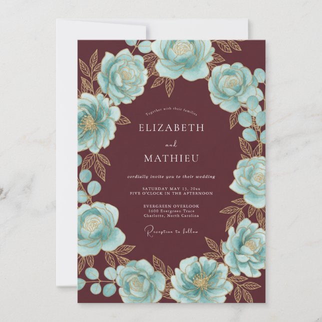 Burgundy Teal Floral Wreath Wedding Invitation (Front)