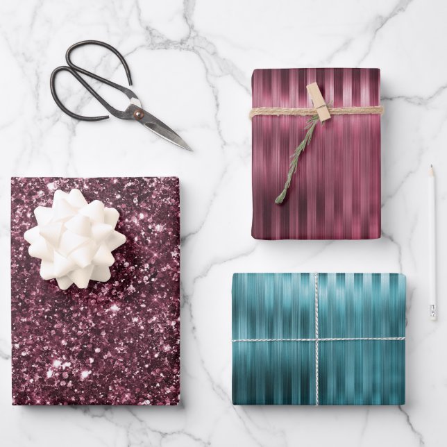 Burgundy Teal Glam Stripes Wrapping Paper Sheets (Front)