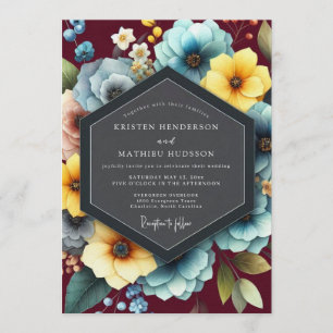Burgundy & Teal Vibrant Bloom Wedding Invitation