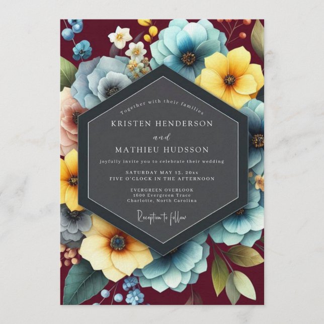 Burgundy & Teal Vibrant Bloom Wedding Invitation (Front)