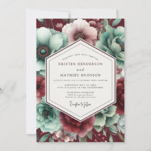 Burgundy & Teal Vintage Bloom Wedding Invitation
