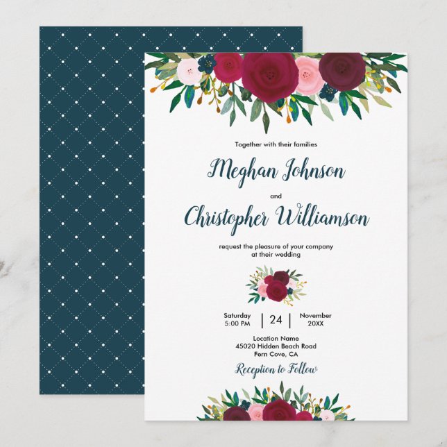 Burgundy Teal Watercolor Floral Wedding Invitation (Front/Back)