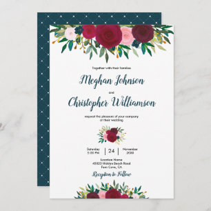 Burgundy Teal Watercolor Floral Wedding Invitation