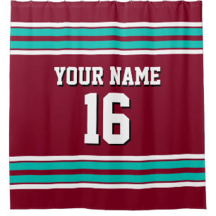 Burgundy Teal White Stripes Sports Jersey Shower Curtain