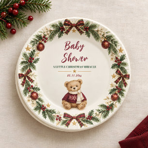 Burgundy Teddy Bear Christmas Baby Shower Paper Plates