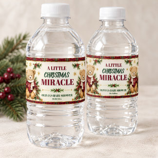 Burgundy Teddy Bear Christmas Baby Shower Water Bottle Label
