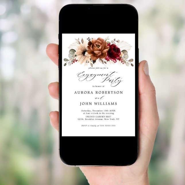 Burgundy Terracotta Floral Engagement Party Invitation (Front Digital)