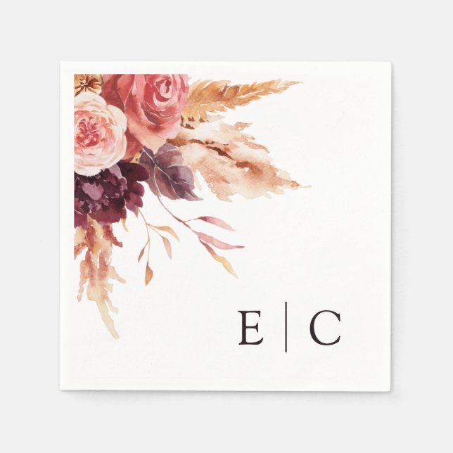 Burgundy Terracotta Floral Wedding Monogram  Napkins (Front)