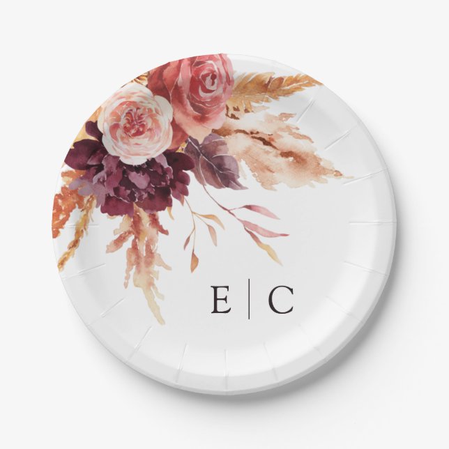 Burgundy Terracotta Floral Wedding Monogram Paper Plates (Front)