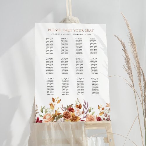 Burgundy Terracotta Floral Wedding Seating Chart Foam Board
