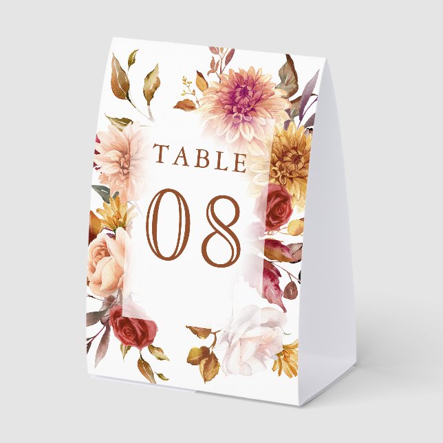 Burgundy Terracotta Floral Wedding Table Number Paper Table Tent (Front)