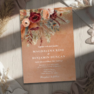 Burgundy Terracotta Florals Pampas Fall Wedding Foil Invitation