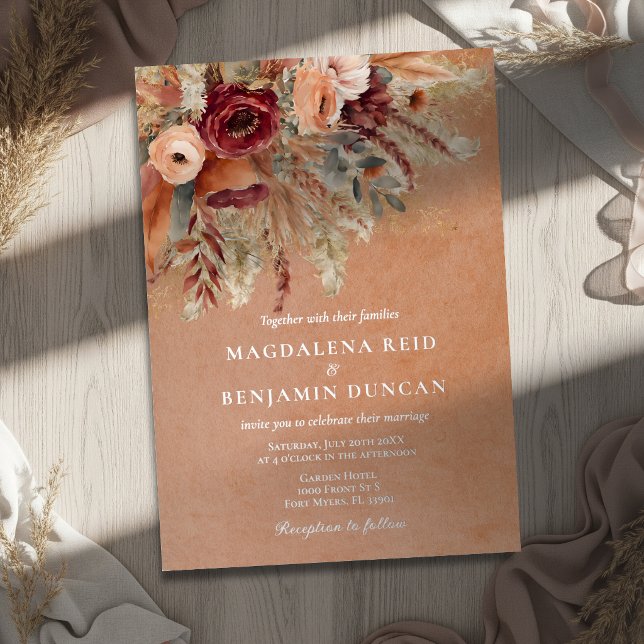 Burgundy Terracotta Florals Pampas Fall Wedding Foil Invitation (Creator Uploaded)