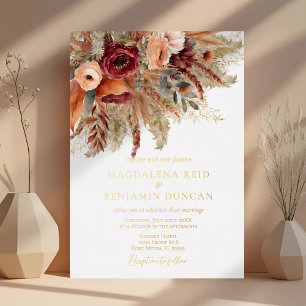 Burgundy Terracotta Florals Pampas Fall Wedding Foil Invitation