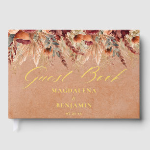 Burgundy Terracotta Florals Pampas Grass Wedding Foil Guest Book