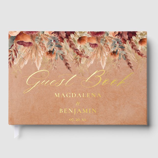 Burgundy Terracotta Florals Pampas Grass Wedding Foil Guest Book (Front)