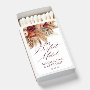 Burgundy Terracotta Florals Pampas Grass Wedding Matchboxes