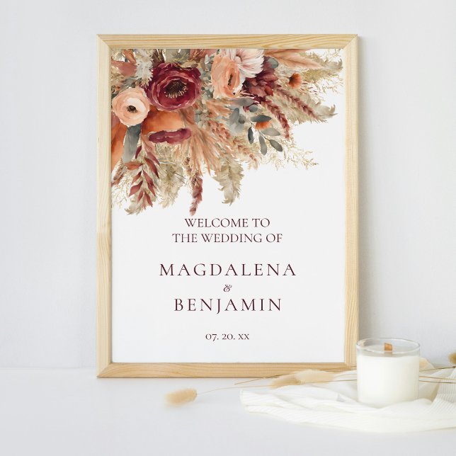 Burgundy Terracotta Florals Pampas Grass Wedding Poster (Creator Uploaded)