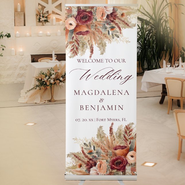 Burgundy Terracotta Florals Pampas Wedding Welcome Retractable Banner (Creator Uploaded)