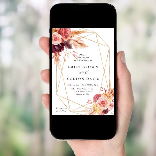 Burgundy Terracotta Flowers Gold Geometric Wedding Invitation (Front Digital)