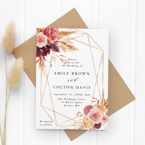 Burgundy Terracotta Flowers Gold Geometric Wedding Invitation