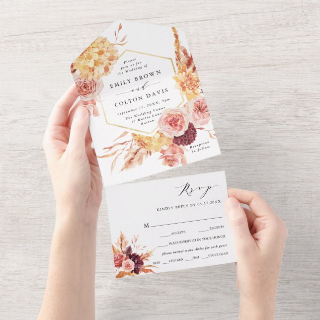 Burgundy Terracotta Gold Floral Wedding All In One Invitation (Tearaway)