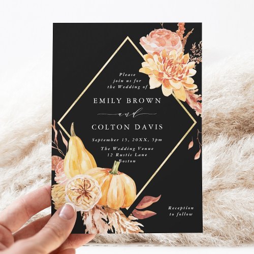 Burgundy Terracotta Gold Floral Wedding Black Invitation