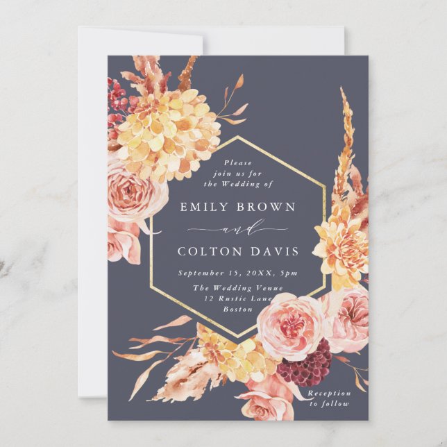 Burgundy Terracotta Gold Floral Wedding Purple Invitation (Front)