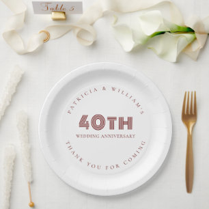 Burgundy Text 40th Wedding Anniversary Thanks Paper Plates