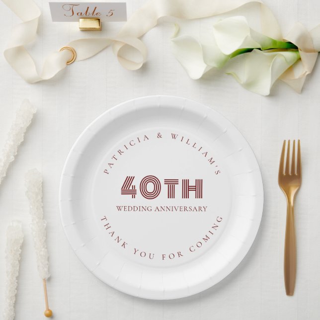 Burgundy Text 40th Wedding Anniversary Thanks Paper Plates (Wedding)