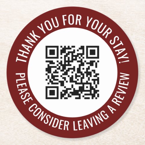 Burgundy Thank You Scan Me Promotional QR Code Round Paper Coaster