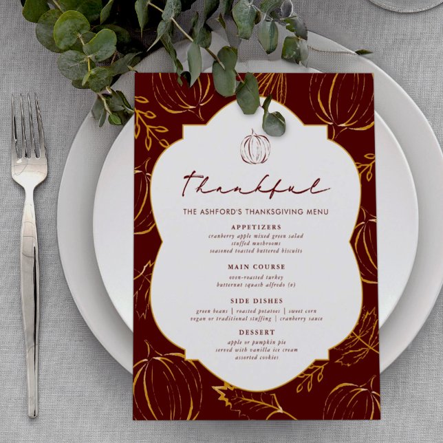 Burgundy Thankful Pumpkins & Leaves Thanksgiving Menu (Creator Uploaded)