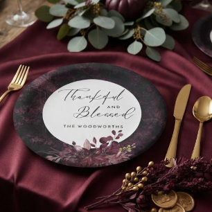 Burgundy Thanksgiving Thankful & Blessed  Paper Plates